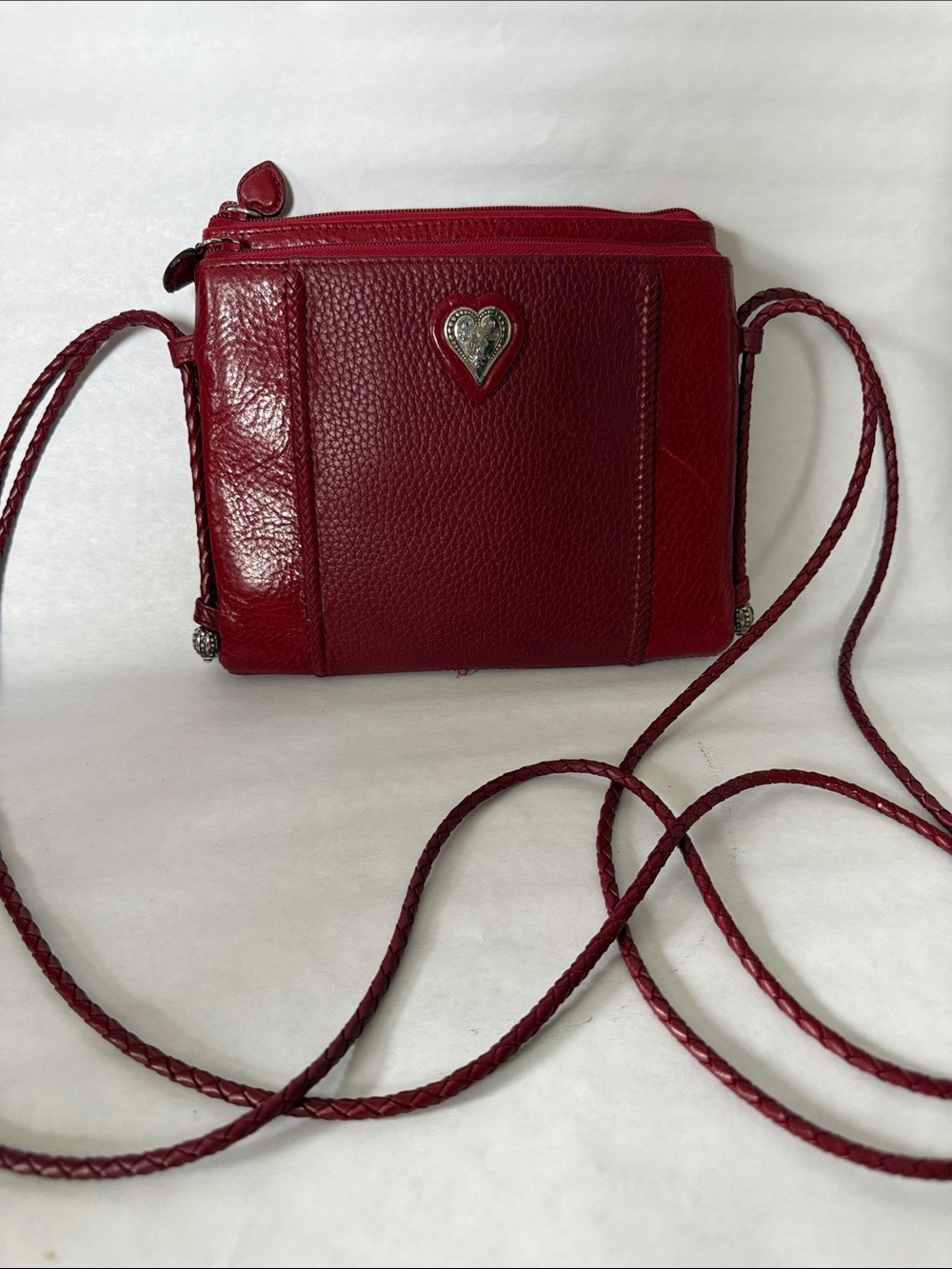 Brighton Crossbody Red Pebbled Leather Heart Braided Double Strap Organizer Bag